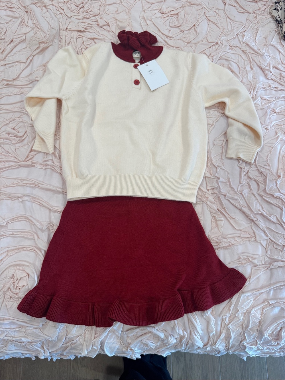 Girls Cream Ruffle-Neck Sweater & Burgundy Skirt Set